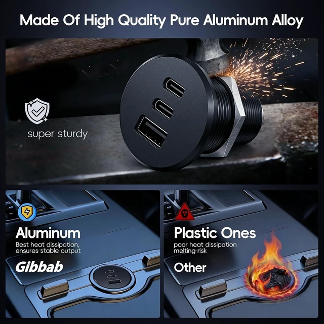 Alt view image 2 of 7 - 4 PCS 90W All-Aluminum RV USB Outlet, 12V/24V 3-Port Recessed Mount