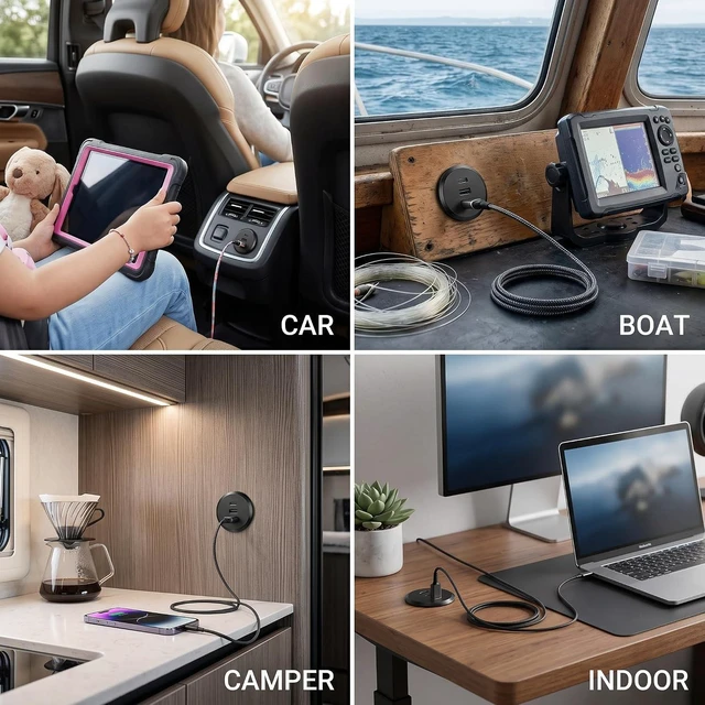Alt view image 5 of 7 - 4 PCS 90W All-Aluminum RV USB Outlet, 12V/24V 3-Port Recessed Mount