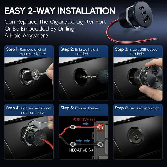 Alt view image 6 of 7 - 4 PCS 90W All-Aluminum RV USB Outlet, 12V/24V 3-Port Recessed Mount