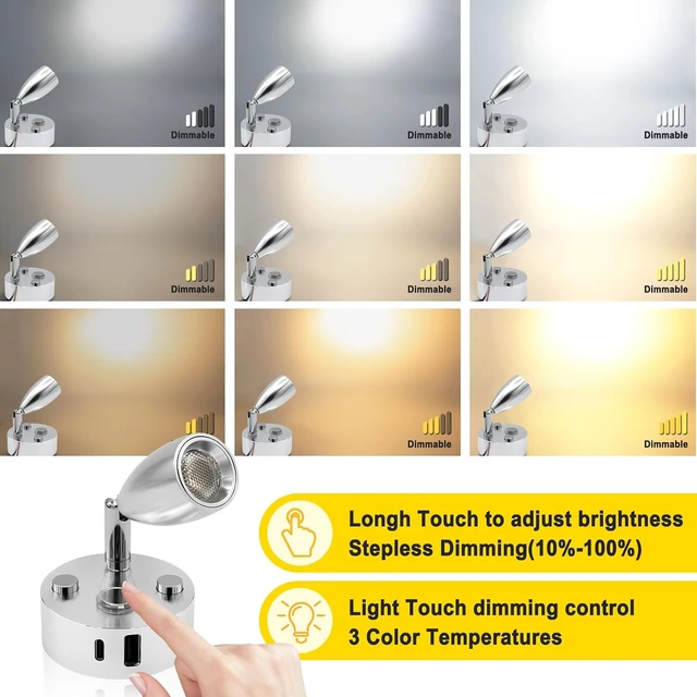 Alt view image 2 of 7 - Dimmable 12V LED RV Interior Reading Light with Dual USB-A/C Ports
