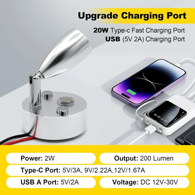 Alt view image 3 of 7 - Dimmable 12V LED RV Interior Reading Light with Dual USB-A/C Ports