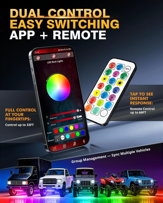 Alt view image 2 of 7 - 4-Pod RGB Rock Lights with Brake & Music Sync for Trucks, UTV, ATV & Car