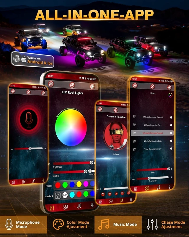 Alt view image 3 of 7 - 4-Pod RGB Rock Lights with Brake & Music Sync for Trucks, UTV, ATV & Car