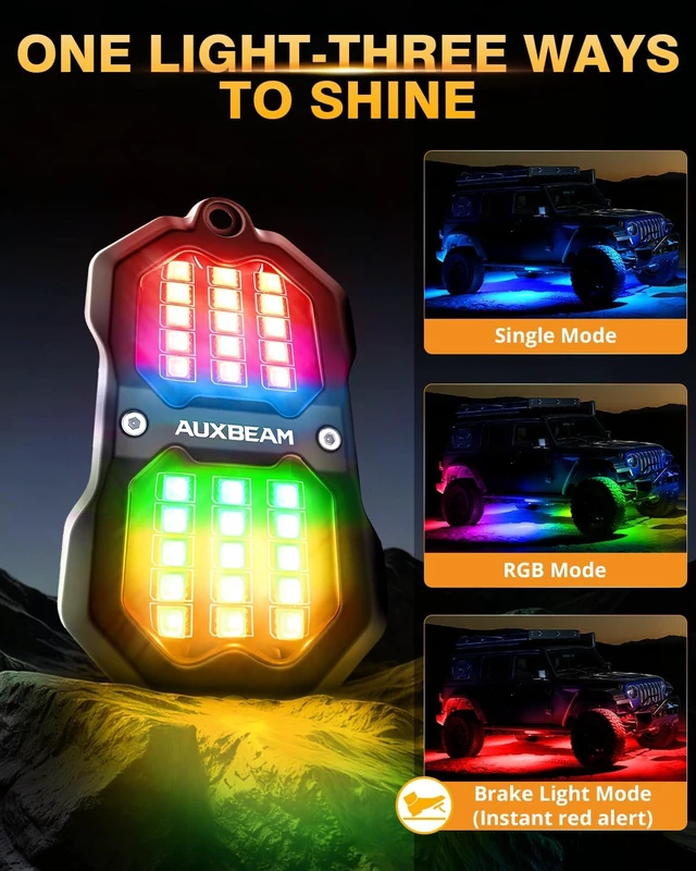 Alt view image 4 of 7 - 4-Pod RGB Rock Lights with Brake & Music Sync for Trucks, UTV, ATV & Car