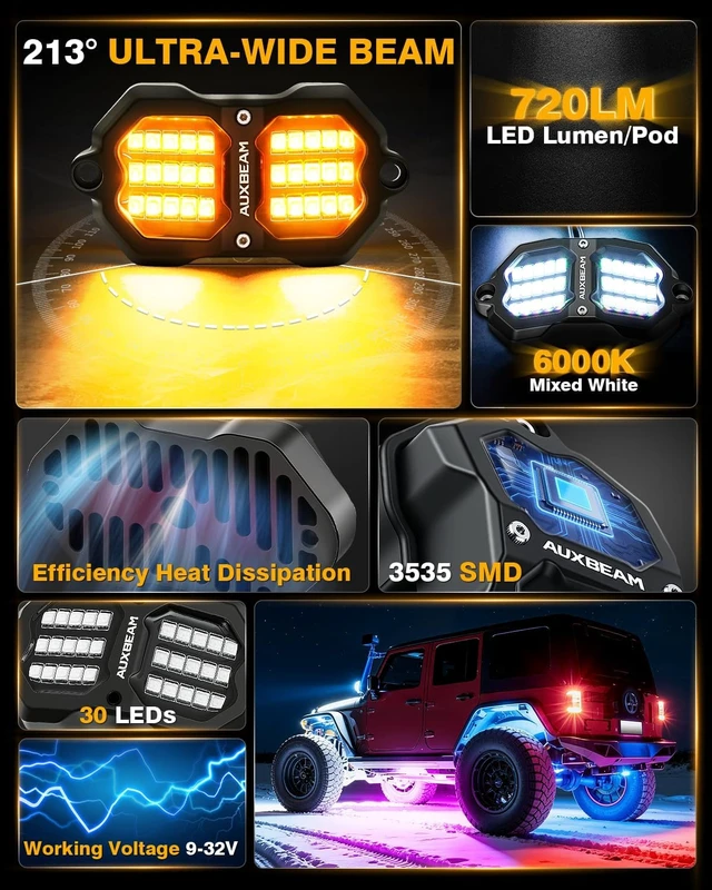 Alt view image 6 of 7 - 4-Pod RGB Rock Lights with Brake & Music Sync for Trucks, UTV, ATV & Car