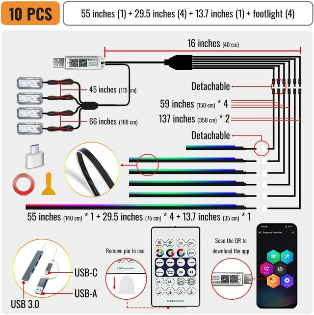 Alt view image 2 of 7 - 10-in-1 Dream Color Acrylic LED Strips Fiber Optic Car Interior Lighting Kit Flexible Dynamic Neon, Music Sync & Footwell Glow with APP USB Hub