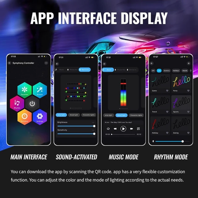 Alt view image 4 of 7 - 10-in-1 Dream Color Acrylic LED Strips Fiber Optic Car Interior Lighting Kit Flexible Dynamic Neon, Music Sync & Footwell Glow with APP USB Hub
