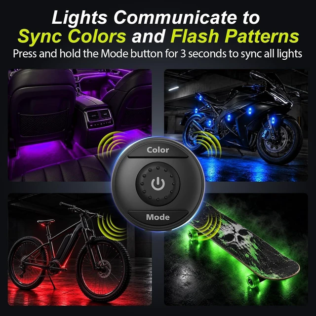 Alt view image 2 of 7 - Wireless LED Interior Ambient Strobe Lights for Car Button & Remote Control, USB-C, 8 Colors, IP65 Waterproof Rechargeable Underglow for Cars, Trucks, eBike & Motorcycle
