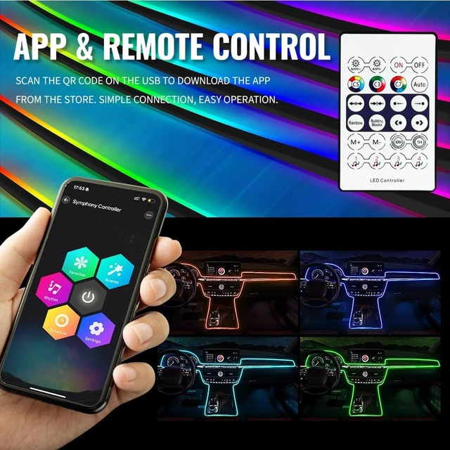 Alt view image 6 of 7 - 10-in-1 Dream Color Acrylic LED Strips Fiber Optic Car Interior Lighting Kit Flexible Dynamic Neon, Music Sync & Footwell Glow with APP USB Hub