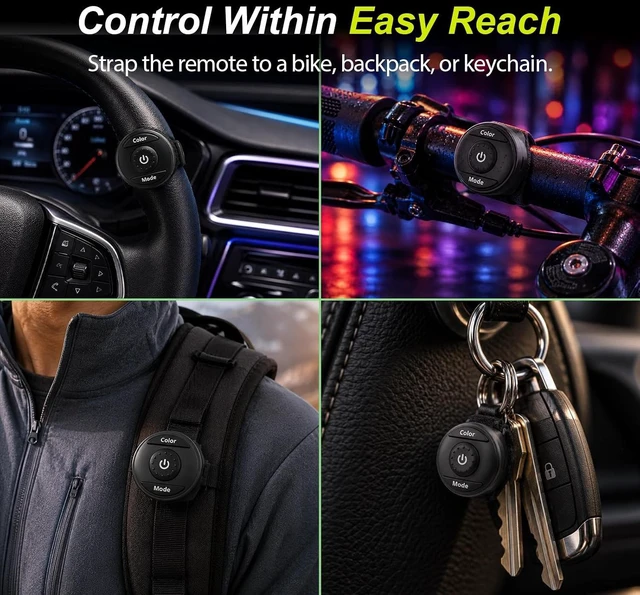 Alt view image 4 of 7 - Wireless LED Interior Ambient Strobe Lights for Car Button & Remote Control, USB-C, 8 Colors, IP65 Waterproof Rechargeable Underglow for Cars, Trucks, eBike & Motorcycle