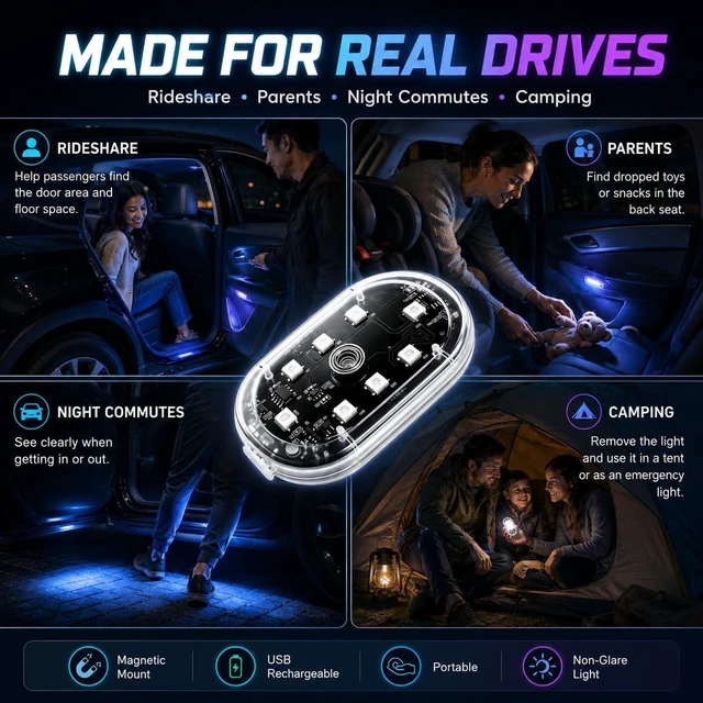 Alt view image 4 of 6 - 8 PCS Magnetic Wireless Interior Car Lights 8-Color RGB Ambient Nightlight