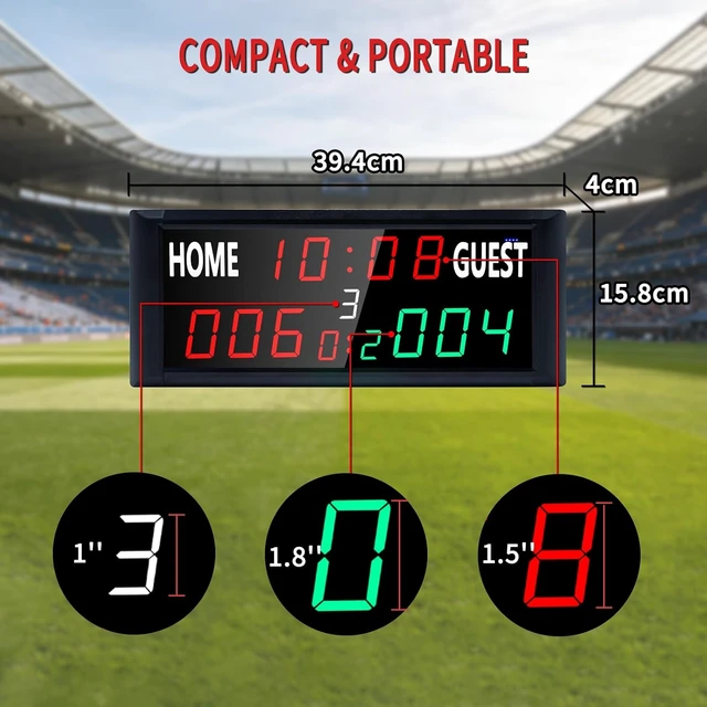 Alt view image 2 of 7 - Portable LED Electronic Scoreboard with Timer Clock & 9-Game Memory Digital Score Keeper for Basketball, Football, Tennis & Outdoor Games