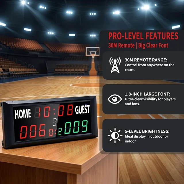 Alt view image 3 of 7 - Portable LED Electronic Scoreboard with Timer Clock & 9-Game Memory Digital Score Keeper for Basketball, Football, Tennis & Outdoor Games