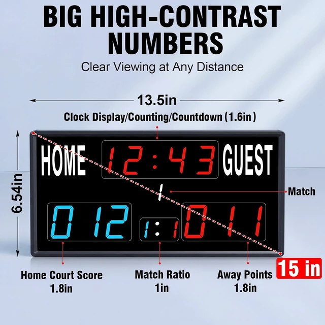 Alt view image 3 of 7 - 15" LED Digital Scoreboard with Remote IPX6 Waterproof, Dual Power