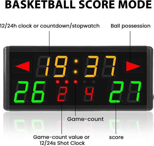 Alt view image 3 of 7 - LED Electronic Scoreboard Digital Score Keeper with Remote & Tripod Basketball Shot Clock, Timer & 12/24h Real Time for Football, Cornhole, Ping Pong & Table Tennis