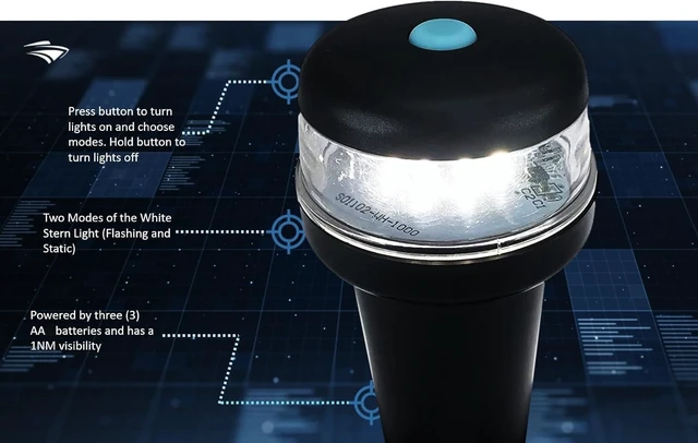 Alt view image 6 of 7 - White Battery-Powered LED Navigation Lights for Boats Surface Mount (Curved), Fixed Base, 2-Mode Operation, 1NM Waterproof