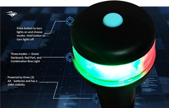 Alt view image 5 of 6 - Red/Green Battery-Powered LED Navigation Lights for Boats Surface Mount (Curved), Fixed Base, 3-Mode Operation, 1NM Waterproof