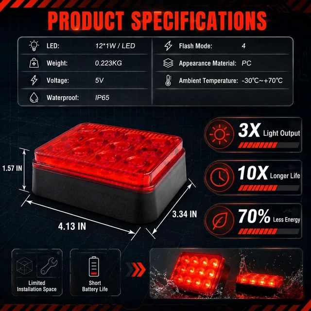 Alt view image 3 of 6 - 2 PCS 12-LED Emergency Magnetic Red Strobe Lights