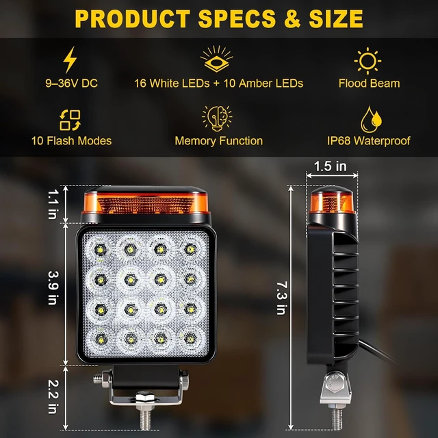 Alt view image 6 of 7 - 2 PCS 2-in-1 LED Forklift Safety Light Amber Strobe & White Flood