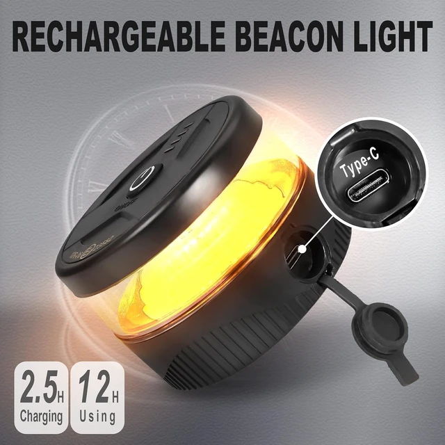 Alt view image 2 of 7 - USB-C Wireless 32-LED Rechargeable Strobe Beacon Light with Magnetic Base Mini Amber Flashing Warning Light for Trucks, Vehicles & Tractors, Waterproof (Pack of 2)