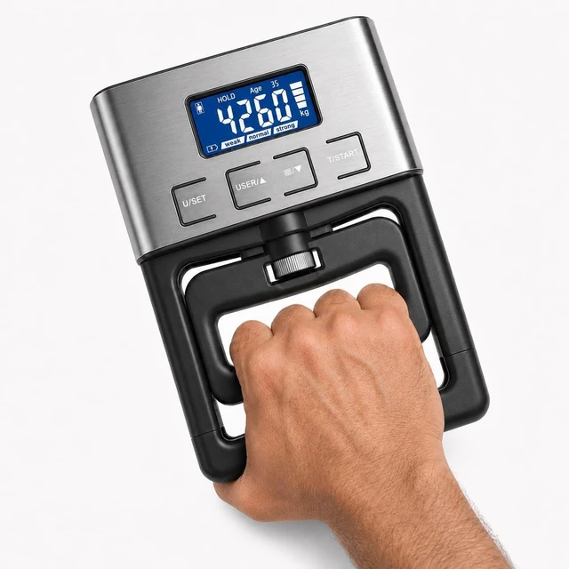 Main image of Digital Hand Dynamometer Grip Strength Tester, 180KG/396LB Capacity Adjustable Handle, LCD Backlit Display & 19-User Memory