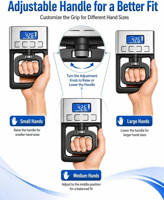 Alt view image 3 of 7 - Digital Hand Dynamometer Grip Strength Tester, 180KG/396LB Capacity Adjustable Handle, LCD Backlit Display & 19-User Memory