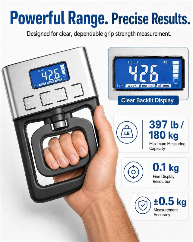 Alt view image 5 of 7 - Digital Hand Dynamometer Grip Strength Tester, 180KG/396LB Capacity Adjustable Handle, LCD Backlit Display & 19-User Memory
