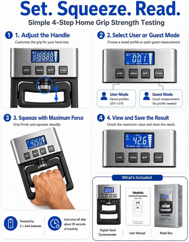 Alt view image 7 of 7 - Digital Hand Dynamometer Grip Strength Tester, 180KG/396LB Capacity Adjustable Handle, LCD Backlit Display & 19-User Memory