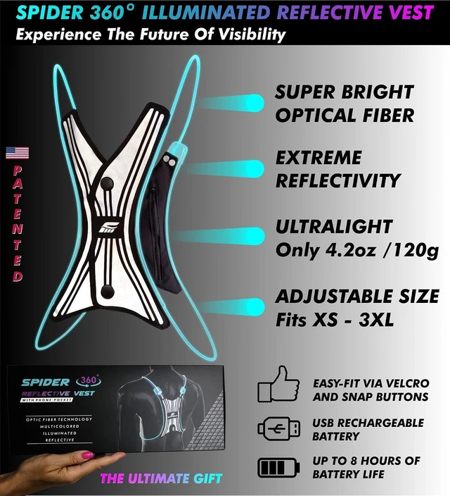 Alt view image 2 of 7 - SPIDER Reflective Lighted Running Vest Optic Fiber Technology, 360° Visible, Ultralight, Phone Pocket, Fully Adjustable XS-3XL for Safe Night Sports & Walking