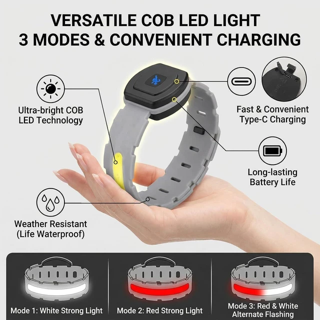 Alt view image 3 of 7 - 6-Pack USB-C Rechargeable LED Armband Lights Reflective Safety Glow Wristbands for Night Running & Walking, Adjustable, 3 Colors