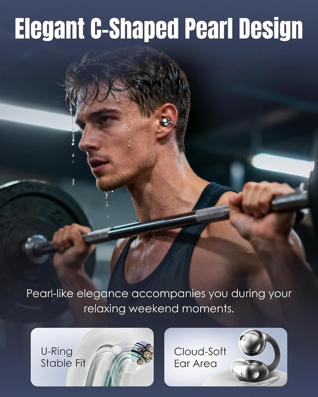 Alt view image 3 of 7 - Clip-On Earbuds Gen 3 Open-Ear Wireless Bluetooth 6.0 Headphones with Mic, Secure Fit for Small Ears & Glasses, 50H Playtime, LED Display, ENC, IPX5 Waterproof (Black)