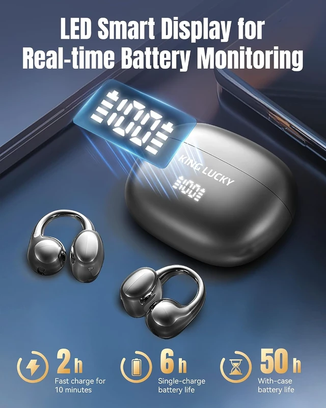 Alt view image 5 of 7 - Clip-On Earbuds Gen 3 Open-Ear Wireless Bluetooth 6.0 Headphones with Mic, Secure Fit for Small Ears & Glasses, 50H Playtime, LED Display, ENC, IPX5 Waterproof (Black)