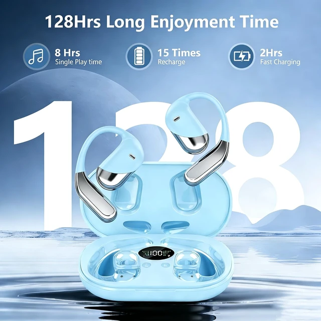 Alt view image 2 of 7 - 2026 Open Ear Wireless Earbuds Bluetooth with Built-in Mic, Waterproof, LED Display Charging Case, On-Ear Hook Clip Ear Buds for Gym, Workout & Sport