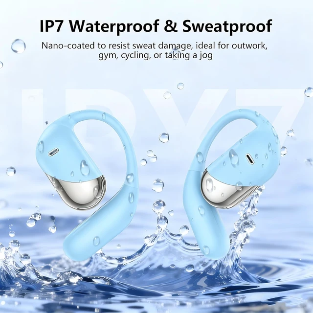 Alt view image 6 of 7 - 2026 Open Ear Wireless Earbuds Bluetooth with Built-in Mic, Waterproof, LED Display Charging Case, On-Ear Hook Clip Ear Buds for Gym, Workout & Sport