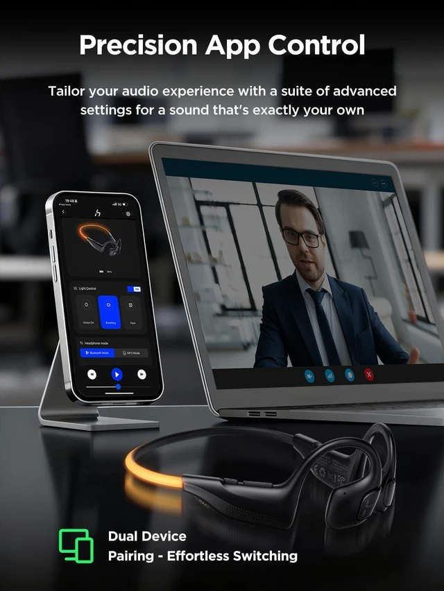 Alt view image 7 of 7 - Light 2 Open Ear Headphones IPX5 Running Headphone with 180° Ultra-Bright Beacon String, BT 6.0, 16H Playtime, Air Conduction Earbuds for Fitness, Cycling & Outdoor, Orange