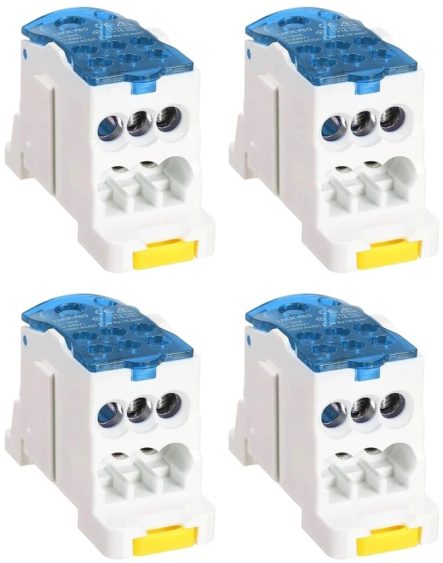 Main image of 4 PCS 1-in-6-Out Rail Terminal Blocks, 690V 160A Power Distribution Block with Flame-Retardant Housing for Distribution Cabinets, Blue, 29.4mm Width, 126 AWG