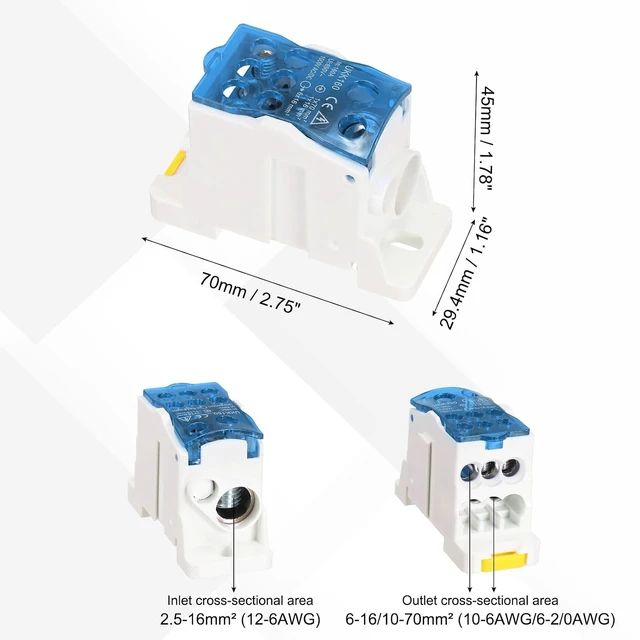 Alt view image 2 of 6 - 4 PCS 1-in-6-Out Rail Terminal Blocks, 690V 160A Power Distribution Block with Flame-Retardant Housing for Distribution Cabinets, Blue, 29.4mm Width, 126 AWG