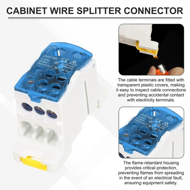 Alt view image 4 of 6 - 4 PCS 1-in-6-Out Rail Terminal Blocks, 690V 160A Power Distribution Block with Flame-Retardant Housing for Distribution Cabinets, Blue, 29.4mm Width, 126 AWG