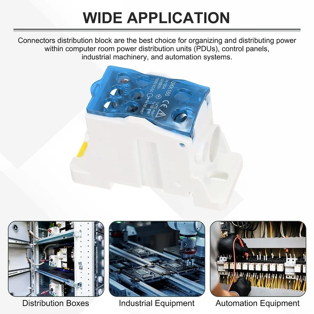 Alt view image 6 of 6 - 4 PCS 1-in-6-Out Rail Terminal Blocks, 690V 160A Power Distribution Block with Flame-Retardant Housing for Distribution Cabinets, Blue, 29.4mm Width, 126 AWG