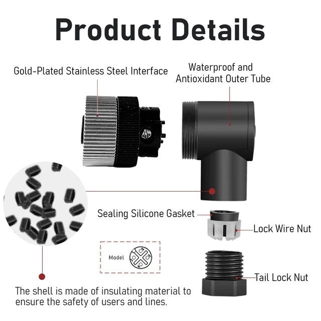 Alt view image 4 of 7 - 10 PCS M12 4-Pin Female Industrial Aviation Connector (A-Code) Waterproof Field-Assemblable 12mm Circular Socket Panel Adapter, IP67 Right Angle