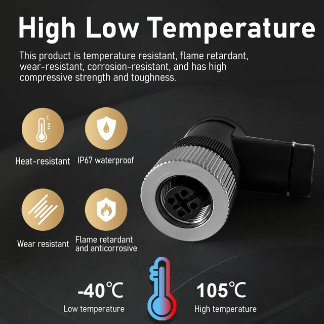 Alt view image 3 of 7 - 10 PCS M12 4-Pin Female Industrial Aviation Connector (A-Code) Waterproof Field-Assemblable 12mm Circular Socket Panel Adapter, IP67 Right Angle