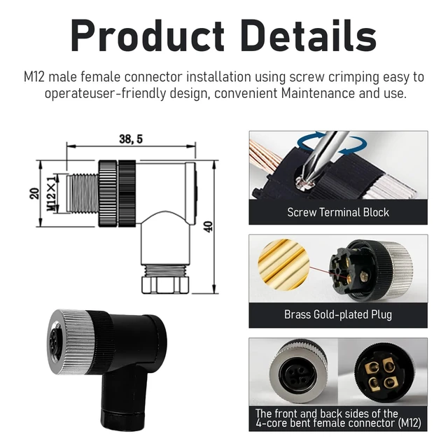 Alt view image 5 of 7 - 10 PCS M12 4-Pin Female Industrial Aviation Connector (A-Code) Waterproof Field-Assemblable 12mm Circular Socket Panel Adapter, IP67 Right Angle