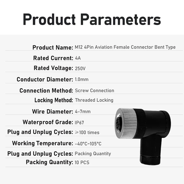 Alt view image 6 of 7 - 10 PCS M12 4-Pin Female Industrial Aviation Connector (A-Code) Waterproof Field-Assemblable 12mm Circular Socket Panel Adapter, IP67 Right Angle