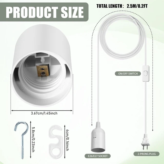 Alt view image 2 of 7 - 8.2ft Hanging Light Socket Lamp Cord with Switch, E26/E27, 24 Pcs
