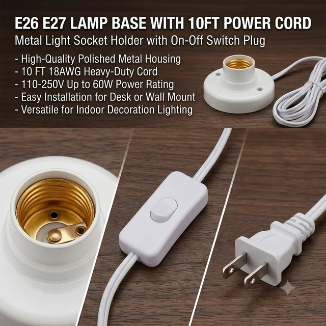 Alt view image 2 of 6 - 6Pcs E26/E27 Desktop Lamp Base Screw Bulb Socket Holder with 10 ft Cord & On/Off Switch Plug for Night Lights