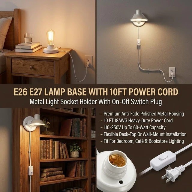 Alt view image 5 of 6 - 6Pcs E26/E27 Desktop Lamp Base Screw Bulb Socket Holder with 10 ft Cord & On/Off Switch Plug for Night Lights
