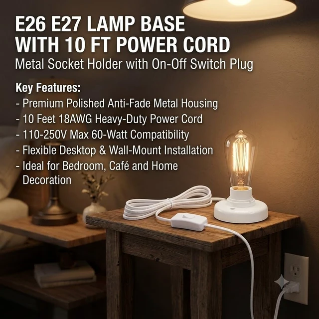 Alt view image 4 of 6 - 6Pcs E26/E27 Desktop Lamp Base Screw Bulb Socket Holder with 10 ft Cord & On/Off Switch Plug for Night Lights