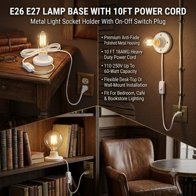 Alt view image 6 of 6 - 6Pcs E26/E27 Desktop Lamp Base Screw Bulb Socket Holder with 10 ft Cord & On/Off Switch Plug for Night Lights
