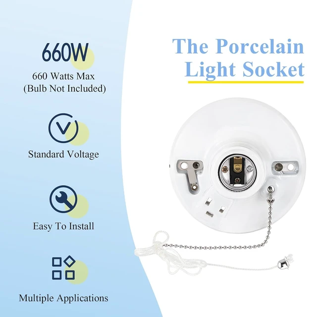 Alt view image 3 of 6 - Porcelain Light Socket with Outlet & Pull Chain, 8 Pack