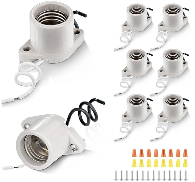 Main image of E26 Medium Screw Porcelain Surface Mount Light Socket, Cleat Lamp Socket with Two-Hole Flanged Mount, Keyless, 6" Leads (8)